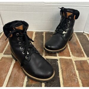 Panama Jack Black Leather Boots Waterproof Sheepskin Lace Up Ankle Women 8.5